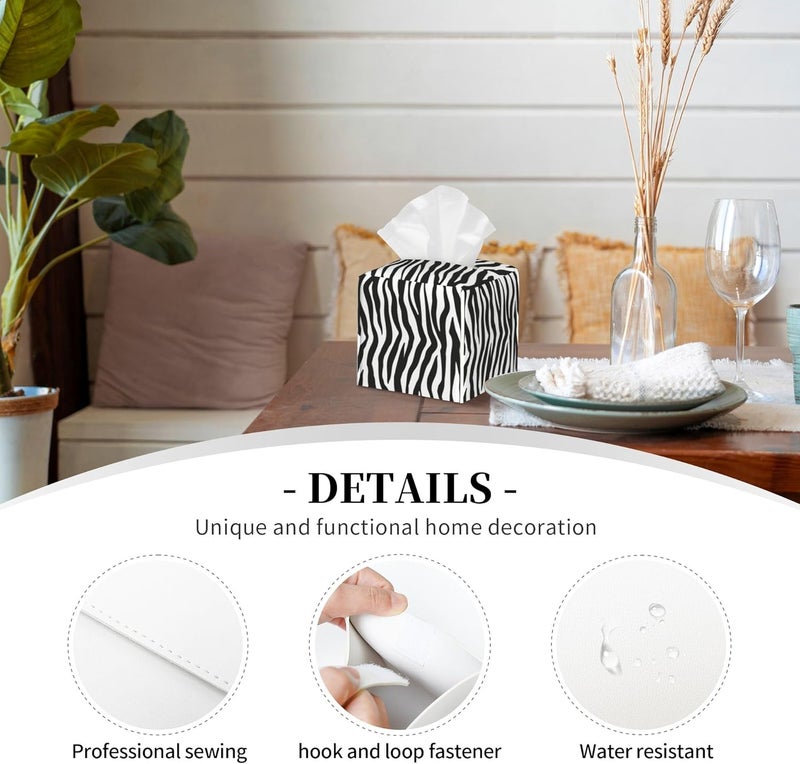 sndheke Zebra Stripes Tissue Box Cover Square,Black and White Stripe Tissue Box Holder Waterproof Leather Facial Paper Organizer Dispenser for Bathroom Home Car Nightstand Vanity Desk - Image 3